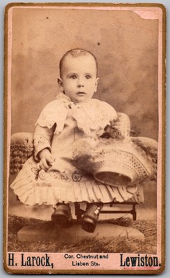 Antique CDV Circa 1880s H. Larock Cute Baby in Dress Lewiston ME