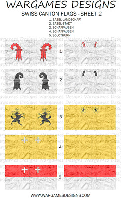 10mm Swiss Canton Flags - Sheet 2 - Pike & Shotte, FOG, DBR, Impetus, Baroque