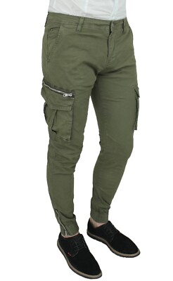 Pantaloni uomo Diamond Cargo verde slim fit in cotone con tasconi laterali