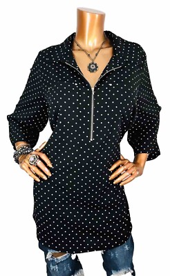Catherines 0X Plus or 14/16W Top Stretch Black White Dots 1/2 Zip Up Shirt Tunic