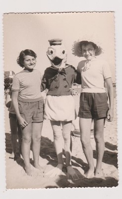 photo ancienne 🎞️ jeunes filles avec Donald Duck sur plage années 1950