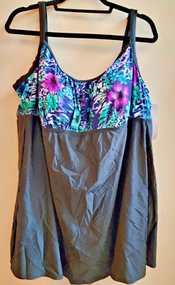 DELTA BURKE ONE PIECE SWIM DRESS SWIMSUIT BLACK MULTI FLORAL SZ 24W NWT $109