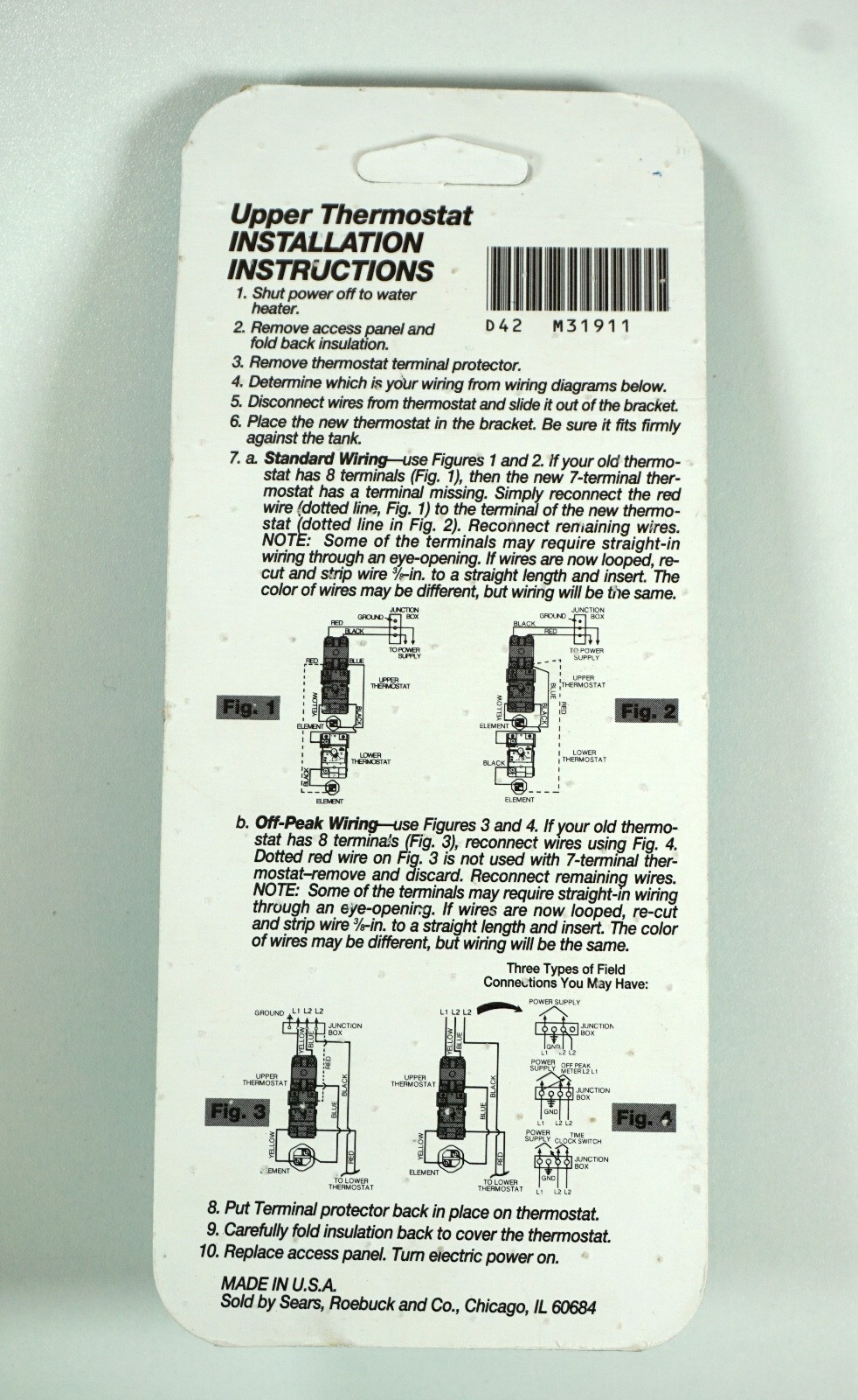 New Sealed in Package Sears 4231911 / 9000510 Water Heater Upper Thermostat