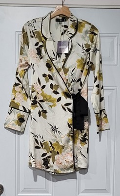 NWT Misguided 8 floral cream Black Long sleeve mini wrap dress belted Robe