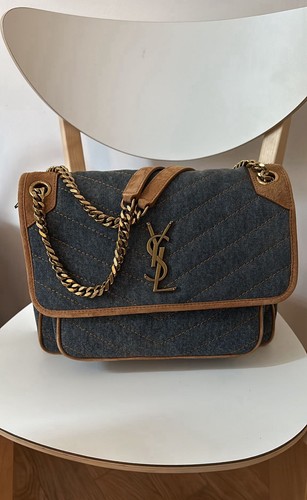 YSL NIKI MEDIUM CHAIN BAG IN BLUE DENIM WITH SUEDE CORNERS