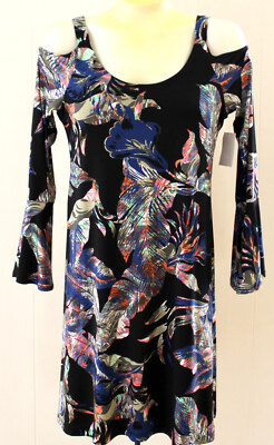 Karen Kane Dress M Rosewater Black Blue NWT Tropical Cold Shoulder Bell Sleeve