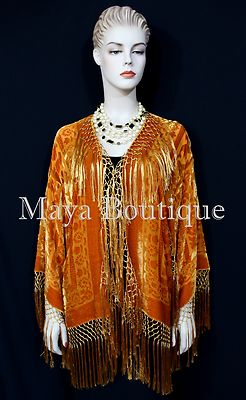 Pre-owned Maya Matazaro Orange Kimono Silk Burnout Velvet Fringe Jacket Short  Made In Usa