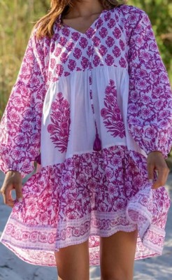 NWT Bindu Leti Pink Mini Boho Cotton Dress Size XS Festival Beach Vacation