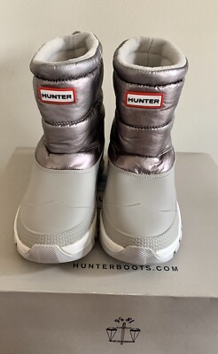 NEW Hunter Original Metallic Snow Ankle Boot Lightweight Silver Grey Womens Sz 7