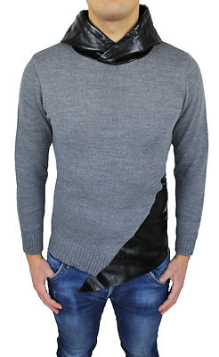 FELPA CARDIGAN UOMO DIAMOND SLIM FIT ADERENTE GRIGIO NERO LANA ECOPELLE CASUAL