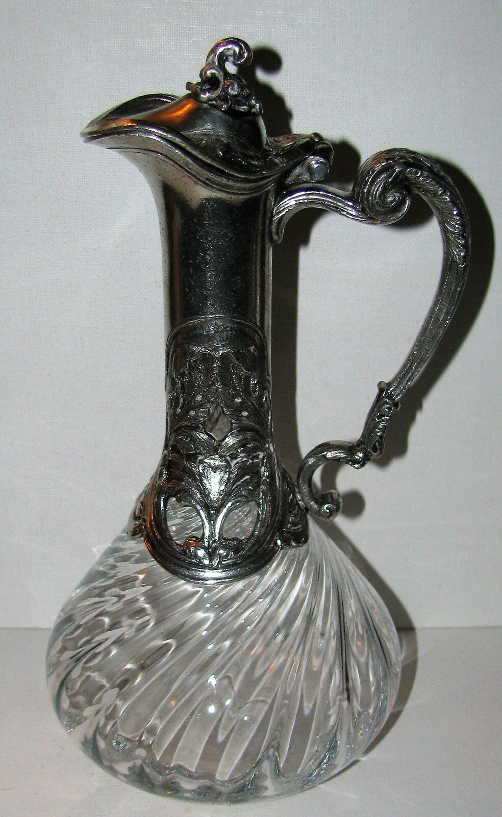 Vintage Crystal Ewer Carafe Silver Pewter Art Nouveau Casing