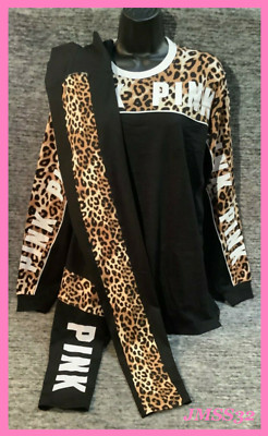 Victoria's Secret Pink Leopard Campus LS Tee Shirt + Leggings Set Black M NWT