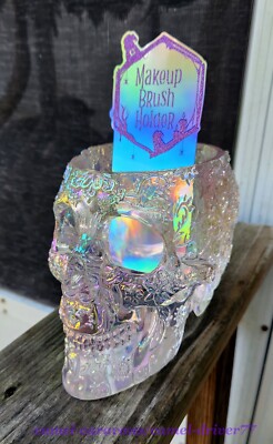 IRIDESCENT RAINBOW SKULL Embossed Floral MAKEUP BRUSH Pencil Pen HOLDER Decor
