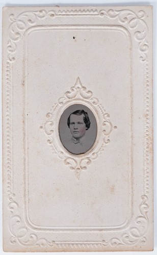Antique 2.5x4in Tintype Young Man Portrait Embossed Paper Mat Frame Cameo Cutout