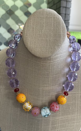 Vtg Art Glass Necklace Colorful Fauceted Lampwork Beads Gold