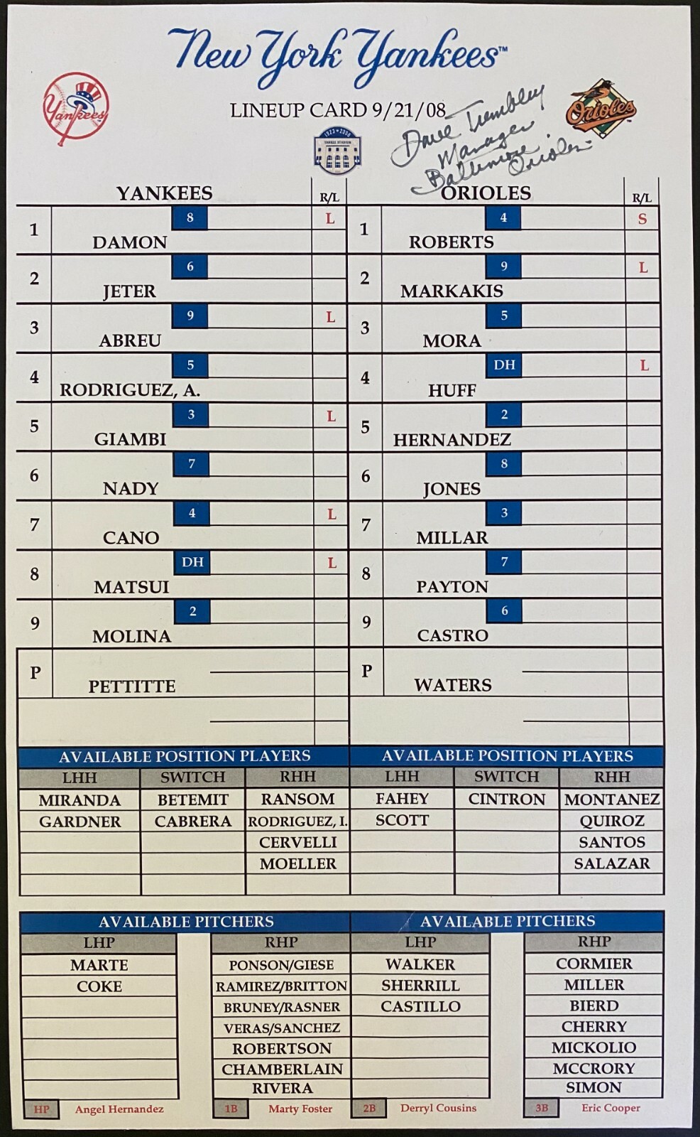 2000 UD YANKEES LEGENDS メモラビリア3枚組 2008 New York Yankees Original Final Game Lineup Card Signed