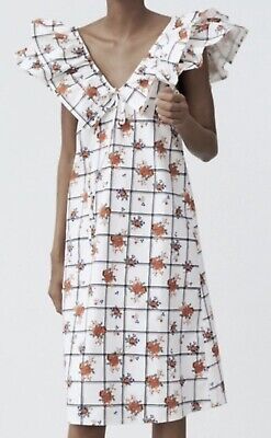 Zara White Floral Ruffle Collar Midi Dress Blogger Favori Bohemian Size Small