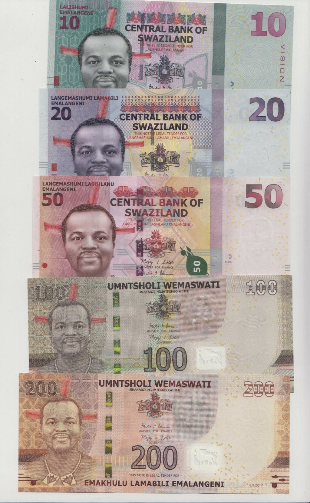 New Swaziland  " Eswatini" Complete Banknotes set (2008 - 2019) series, all UNC