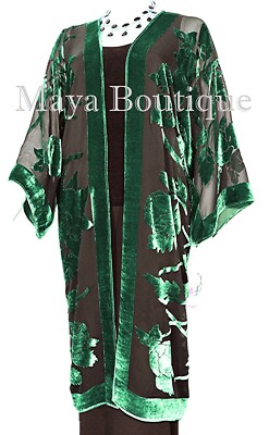 Pre-owned Maya Matazaro Green Long Kimono Jacket Silk Burnout Velvet No Fringe  In Green & Black