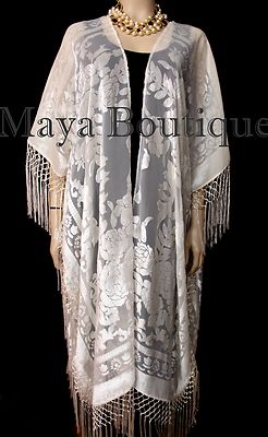 Pre-owned Maya Matazaro Ivory Kaftan Duster Fringe Jacket Kimono Opera Coat Burnout Velvet  In White