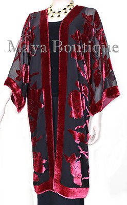 Pre-owned Maya Matazaro Red Long Kimono Jacket Silk Burnout Velvet No Fringe  Hand Dyed Usa In Red & Black