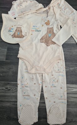 Bnwt We're Going On A Bear Hunt Gift Set 1st Birthday Bodysuit Bib Hat Bottoms 