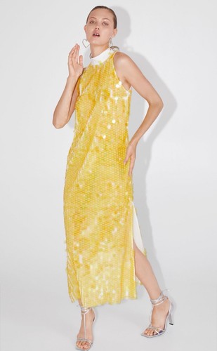 Pre-owned Zara Rare Xs  Limited Edition Sequin Midi Dress Gown Shirt Prom Formal In Yellow