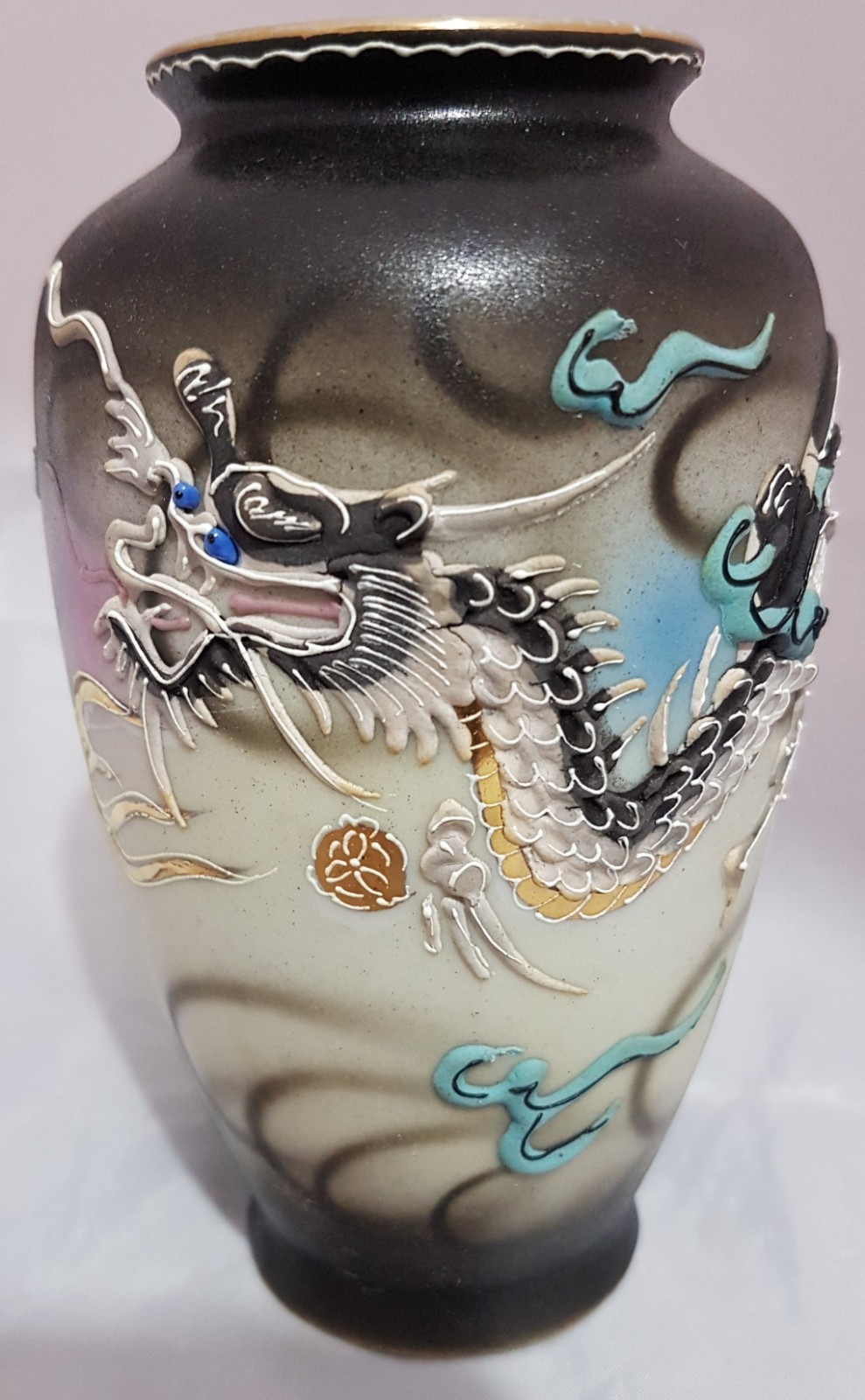 Occupied Japan Bas Relief Hand Painted Dragon Vase