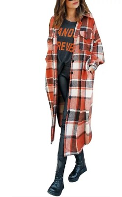 New Plaid Flannel Long Coat Jacket Red Black Womens XXL Long Sleeve Pockets 