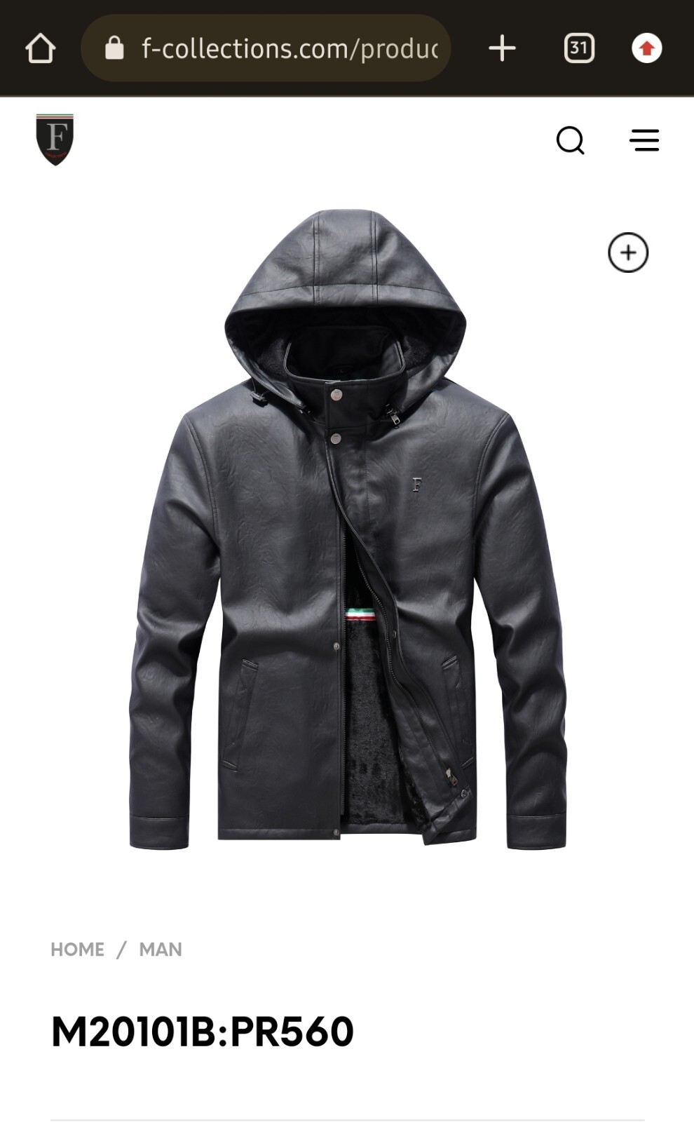 F Collection men's black leather jacket with hood M20101B F Collection men's black leather jacket with hood M20101B