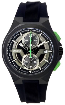 Pre-owned Bulova Maquina Chronograph Black Dial Silicone Strap Quartz 98b381 Mens Watch