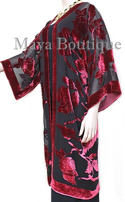 Pre-owned Maya Matazaro Red Long Kimono Jacket Silk Burnout Velvet No Fringe  Hand Dyed Usa In Red & Black