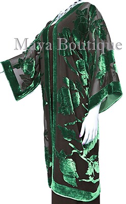 Pre-owned Maya Matazaro Green Long Kimono Jacket Silk Burnout Velvet No Fringe  In Green & Black