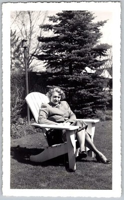 Vtg B&W Snapshot Fashionable Woman Sitting In Adirondack Chair Outdoors 1949