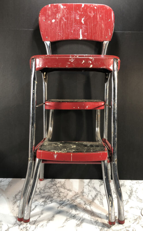 Vintage Cosco Red Chrome Kitchen Step Stool Chair with Pull Out Steps.