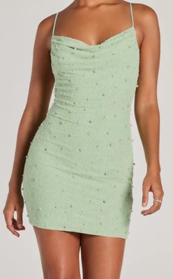 WINDSOR Sage Green Faux Pearl Open Back Mini Homecoming Dress, Medium, NEW