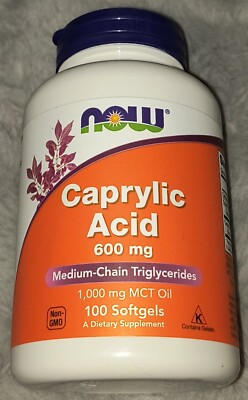 Now Foods Caprylic Acid 600mg, 100 Softgels Best by 2026