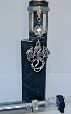 Vape Pen Mod Charm - Silver Dragon - Clear Blue Crystals - 1 Silicone Ring