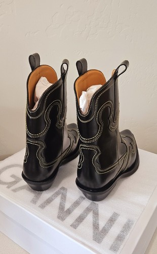 Pre-owned Ganni Low Shaft Embroidered Western Boots - Black/yellow ( Origin $595 )