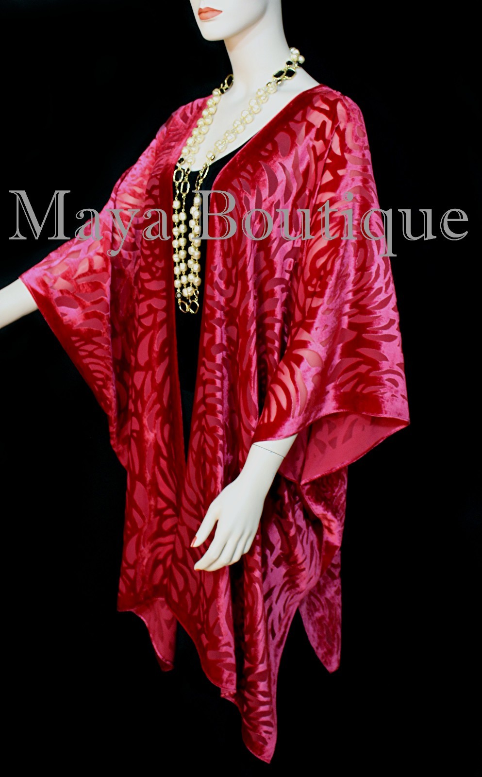 Pre-owned Maya Matazaro True Red Camellia Burnout Velvet Caftan Kimono Jacket Usa Made