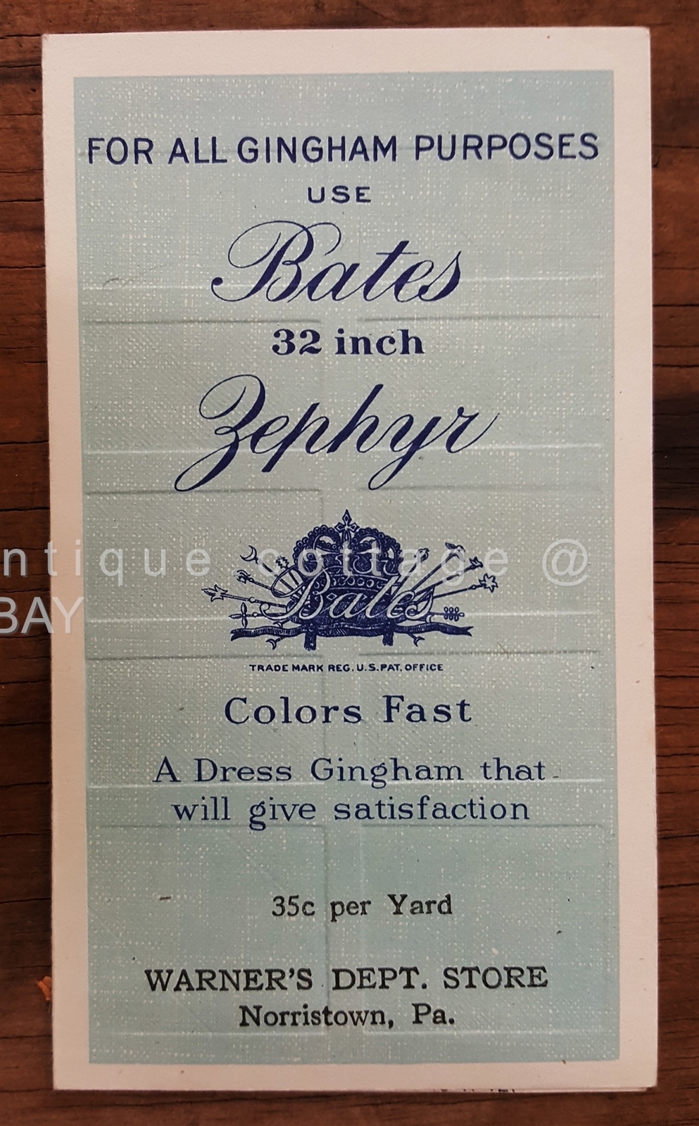 vintage antique FABRIC SAMPLE BATES ZEPHYR CARD norristown pa WARNERS DEPT STORE