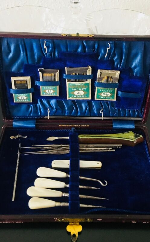 antique Sheffield warranted cutlery sewing kit mother of pearl handles +