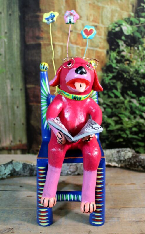 Pink Dog Chair Reading Book Handmade Clay Barro Betus by Ortega Mexican Folk Art