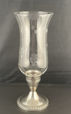 VTG Duchin Sterling Silver Weighted Candlesticks Etched Glass Hurricane
