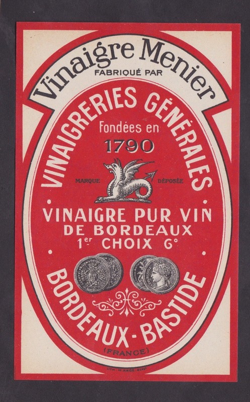Ancienne Ã©Tiquette  Bn30512  Vinaigre Pur Vin  Bordeaux Bastide 