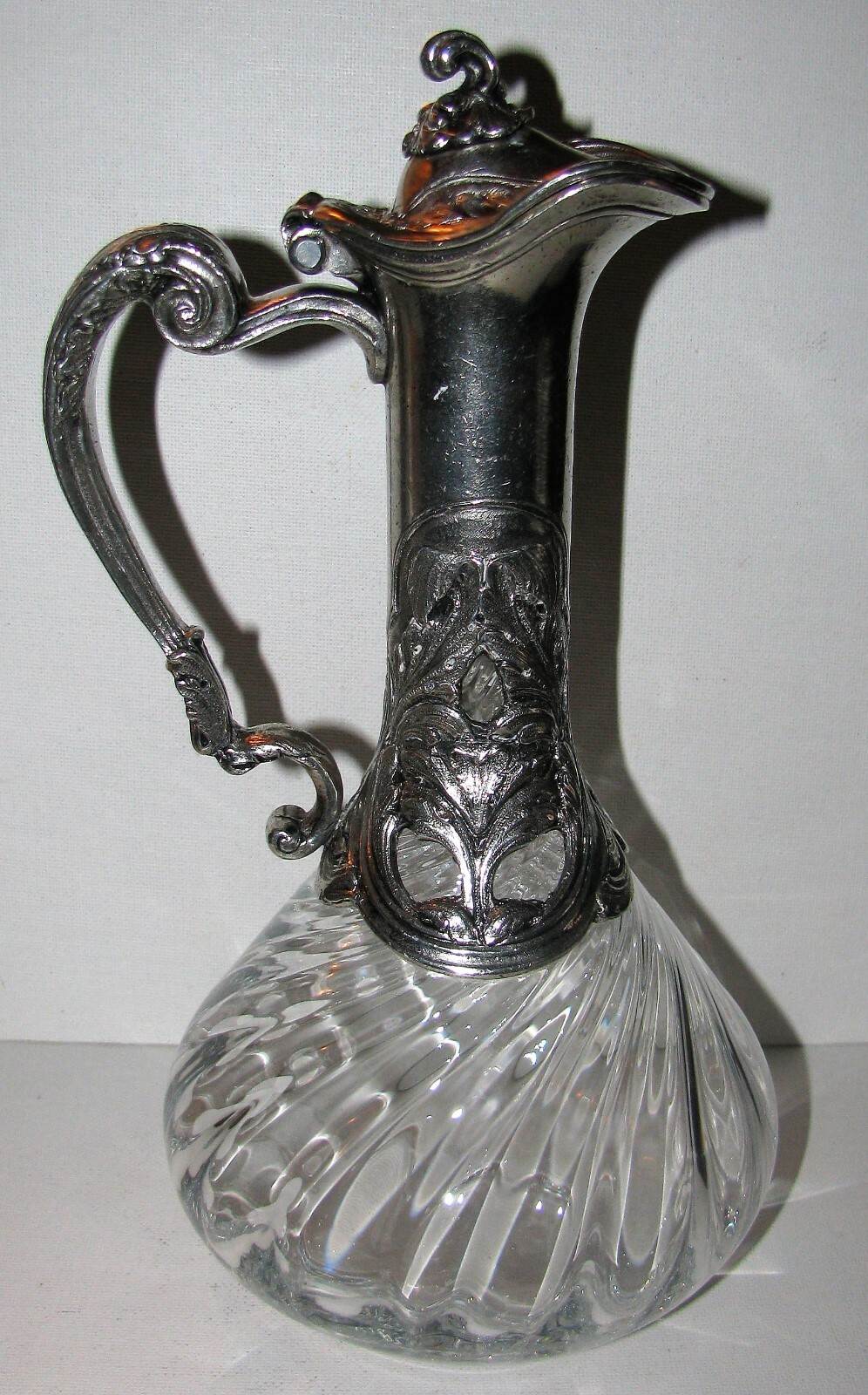 Vintage Crystal Ewer Carafe Silver Pewter Art Nouveau Casing
