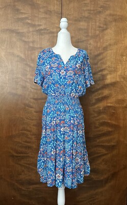 Croft & Barrow Smocked Waist Dress Womens L Aqua Blue Floral Flutter Sleeves