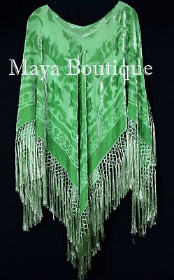 Pre-owned Maya Matazaro Green Silk Burnout Velvet Poncho Fringe Top Shawl Hand Dyed
