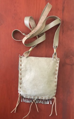 HIPPIE STYLE BUFF SUEDE LEATHER ~ POUCH FRINGE BEADED/BUTTON CLOSURE/HANDMADE