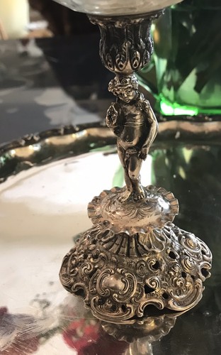 Pair Silver Antique German Cherub Pedestal Scalloped Etched Glass Compote Bowls